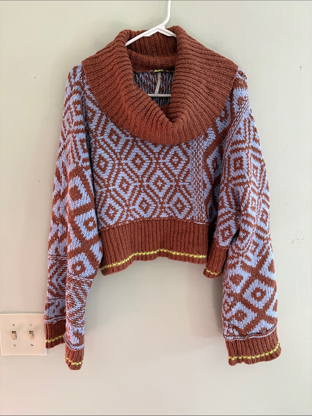 Free People Jupiter Geometric Cowl Neck Sweater — Rust and Light Blue M